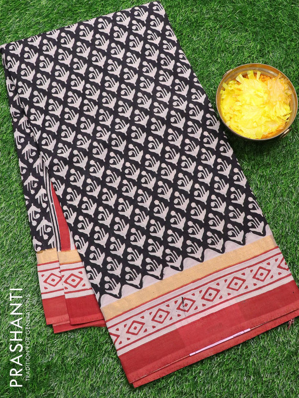Assam silk saree black and rust shade with allover prints and zari woven simple border - {{ collection.title }} by Prashanti Sarees