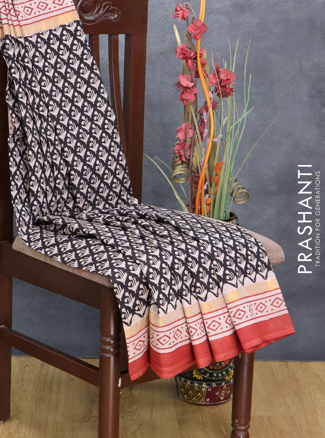 Assam silk saree black and rust shade with allover prints and zari woven simple border - {{ collection.title }} by Prashanti Sarees