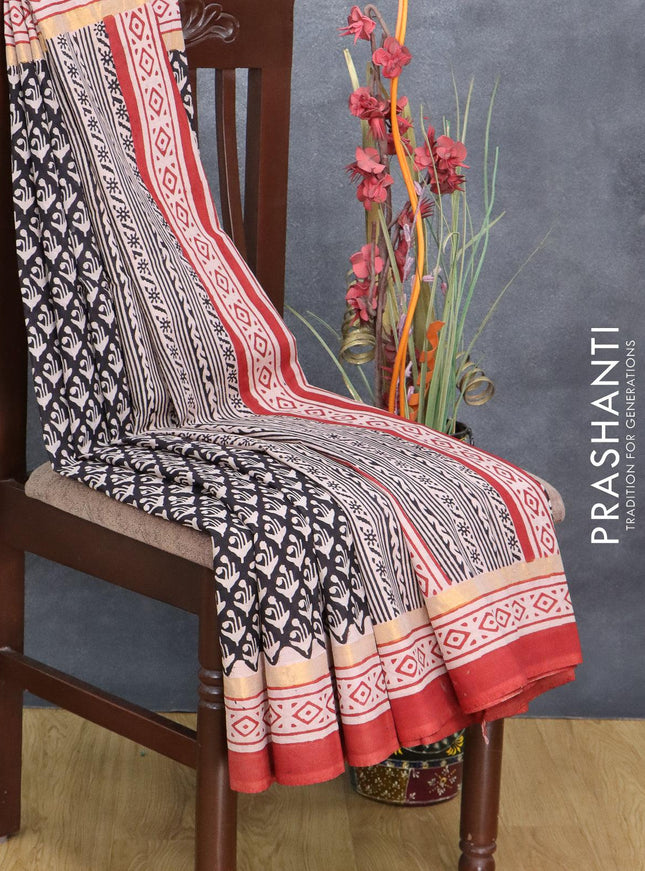 Assam silk saree black and rust shade with allover prints and zari woven simple border - {{ collection.title }} by Prashanti Sarees