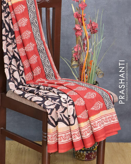 Assam silk saree black and rust shade with allover prints and zari woven simple border - {{ collection.title }} by Prashanti Sarees