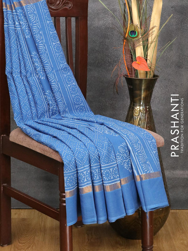Assam silk saree blue shade with allover prints and zari woven simple border - {{ collection.title }} by Prashanti Sarees