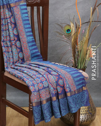 Assam silk saree blue with allover ajrakh prints and zari woven simple border - {{ collection.title }} by Prashanti Sarees