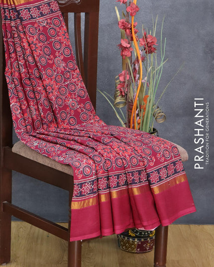 Assam silk saree maroon shade with allover ajrakh prints and zari woven simple border - {{ collection.title }} by Prashanti Sarees