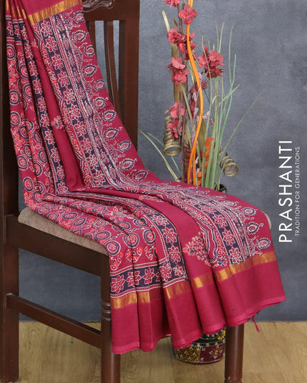 Assam silk saree maroon shade with allover ajrakh prints and zari woven simple border - {{ collection.title }} by Prashanti Sarees