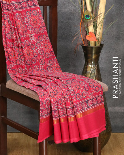 Assam silk saree maroon with allover ajrakh prints and zari woven simple border - {{ collection.title }} by Prashanti Sarees