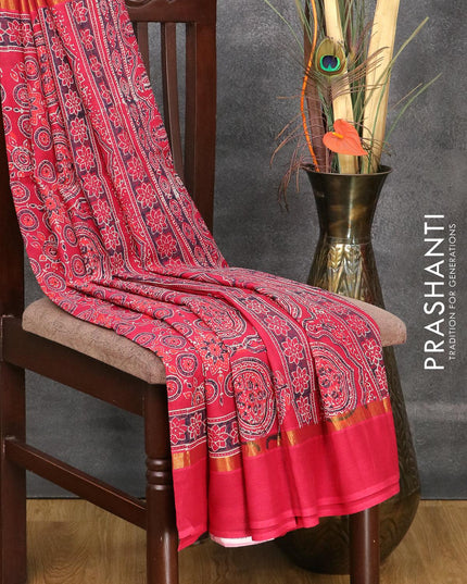 Assam silk saree maroon with allover ajrakh prints and zari woven simple border - {{ collection.title }} by Prashanti Sarees