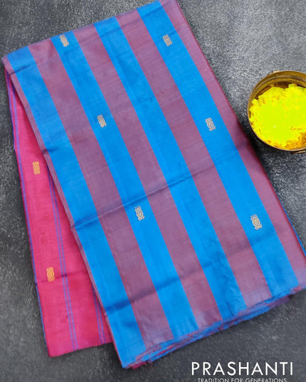 Banana pith saree cs blue maroon and pink with thread woven buttas in borderless style - {{ collection.title }} by Prashanti Sarees