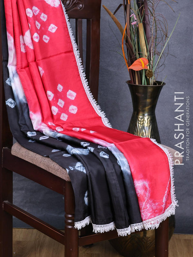 Banana silk saree black and red with tie & dye batik butta prints and corcia lace border - {{ collection.title }} by Prashanti Sarees