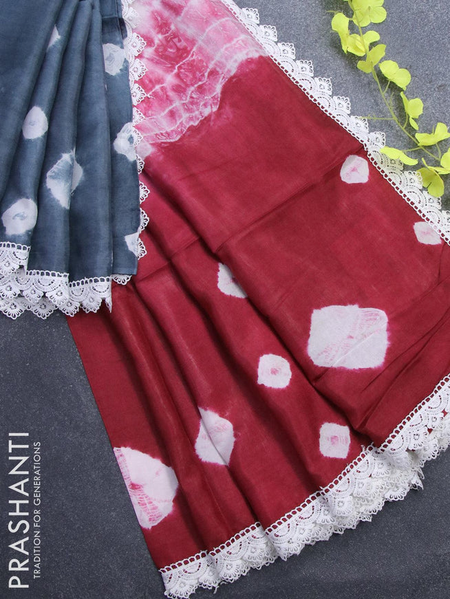 Banana silk saree grey and maroon with tie & dye batik butta prints and corcia lace border - {{ collection.title }} by Prashanti Sarees