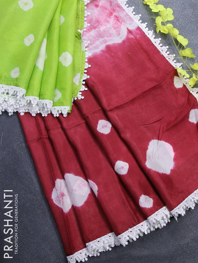 Banana silk saree light green and maroon with tie & dye batik butta prints and corcia lace border - {{ collection.title }} by Prashanti Sarees