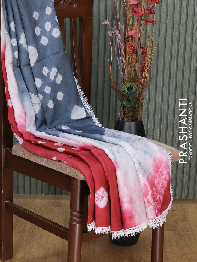 Banana silk saree maroon and elephant grey off white with tie & dye batik butta prints and corcia lace border - {{ collection.title }} by Prashanti Sarees