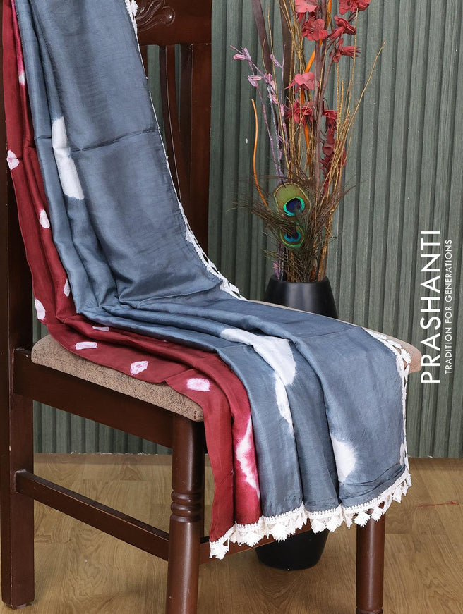Banana silk saree maroon and grey with batik butta prints and corcia lace border - {{ collection.title }} by Prashanti Sarees
