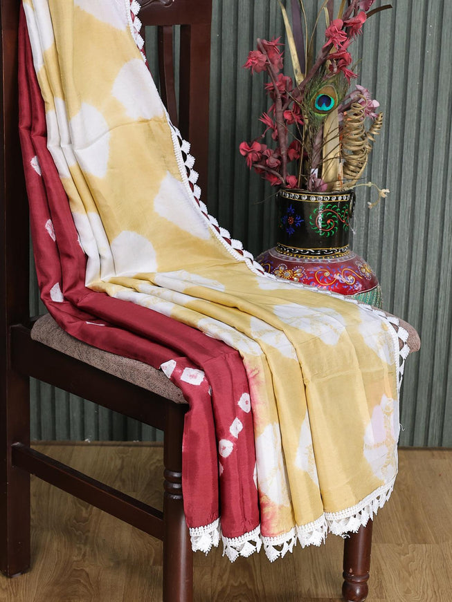 Banana silk saree maroon and sandal with batik butta prints and corcia lace border - {{ collection.title }} by Prashanti Sarees