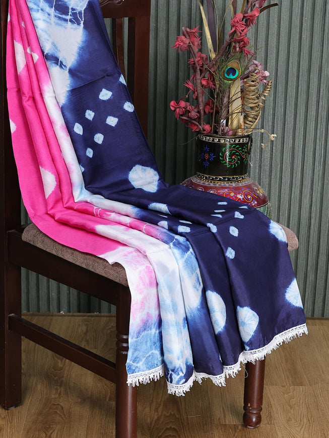 Banana silk saree navy blue and pink with tie & dye batik butta prints and corcia lace border - {{ collection.title }} by Prashanti Sarees