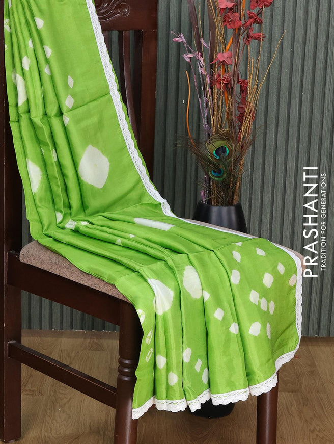 Banana silk saree parrot green with batik butta prints and corcia lace border - {{ collection.title }} by Prashanti Sarees
