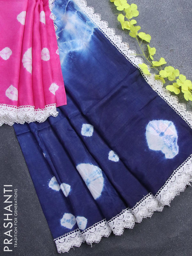 Banana silk saree pink and navy blue with batik butta prints and corcia lace border - {{ collection.title }} by Prashanti Sarees