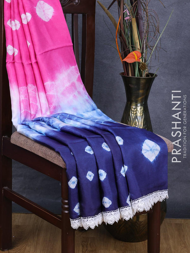 Banana silk saree pink and navy blue with batik butta prints and corcia lace border - {{ collection.title }} by Prashanti Sarees