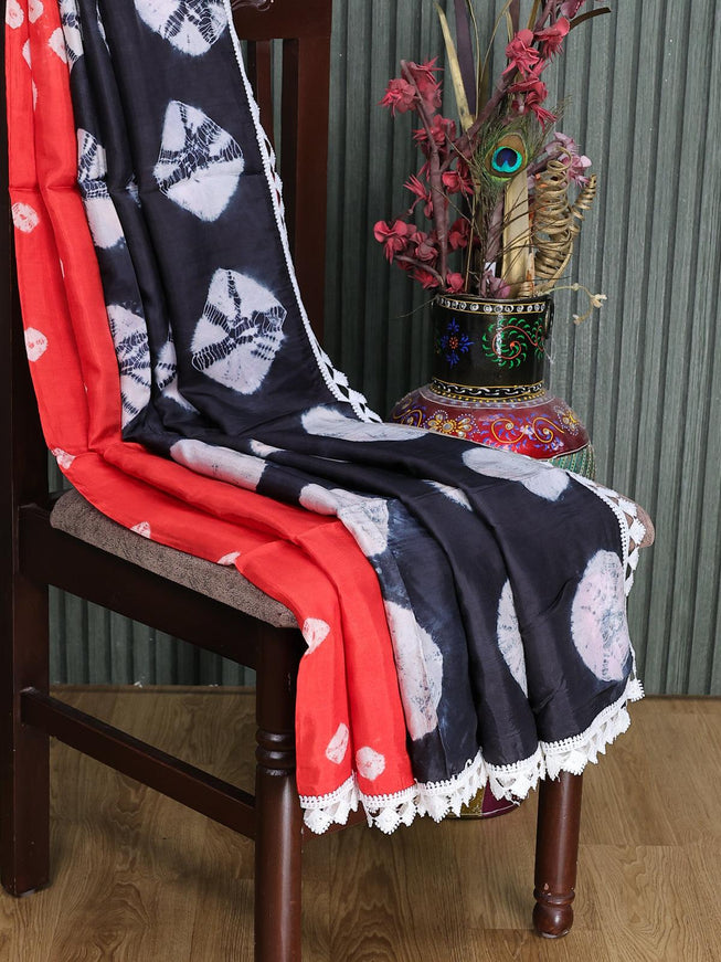 Banana silk saree red and black with batik butta prints and corcia lace border - {{ collection.title }} by Prashanti Sarees