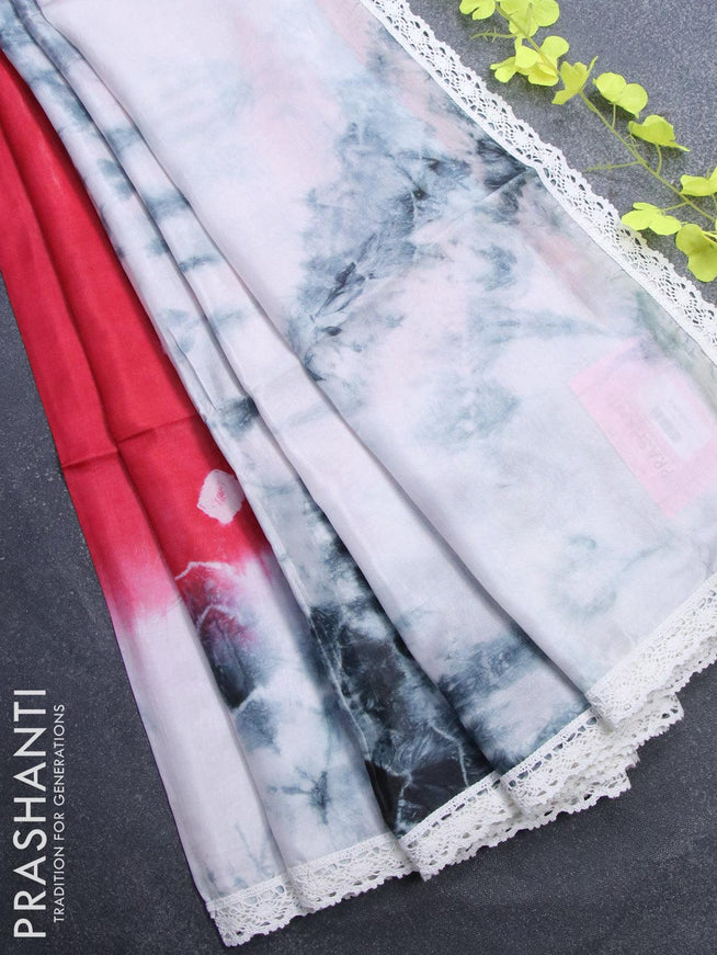 Banana silk saree red and off white grey with tie & dye batik butta prints and corcia lace border - {{ collection.title }} by Prashanti Sarees