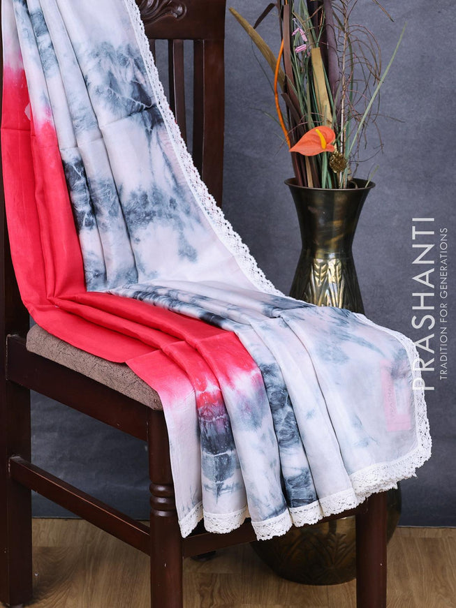 Banana silk saree red and off white grey with tie & dye batik butta prints and corcia lace border - {{ collection.title }} by Prashanti Sarees