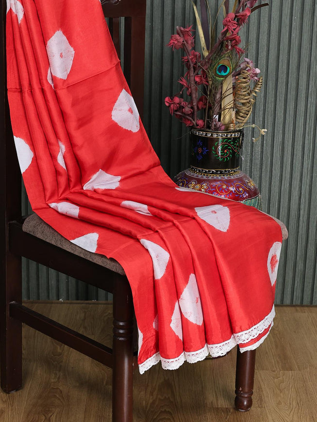 Banana silk saree red with batik butta prints and corcia lace border - {{ collection.title }} by Prashanti Sarees