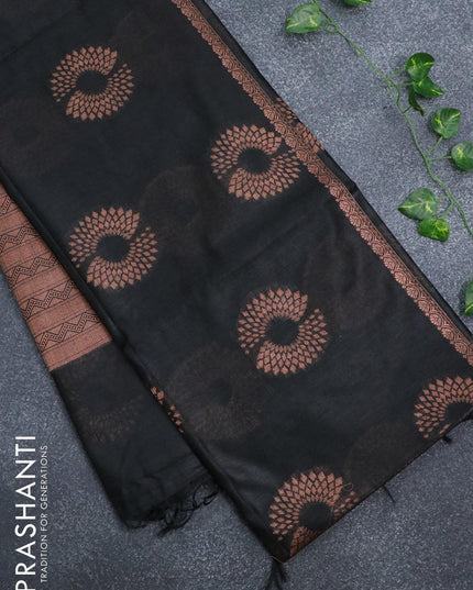 Banarasi cotton saree black with copper zari woven floral buttas and piping border - {{ collection.title }} by Prashanti Sarees