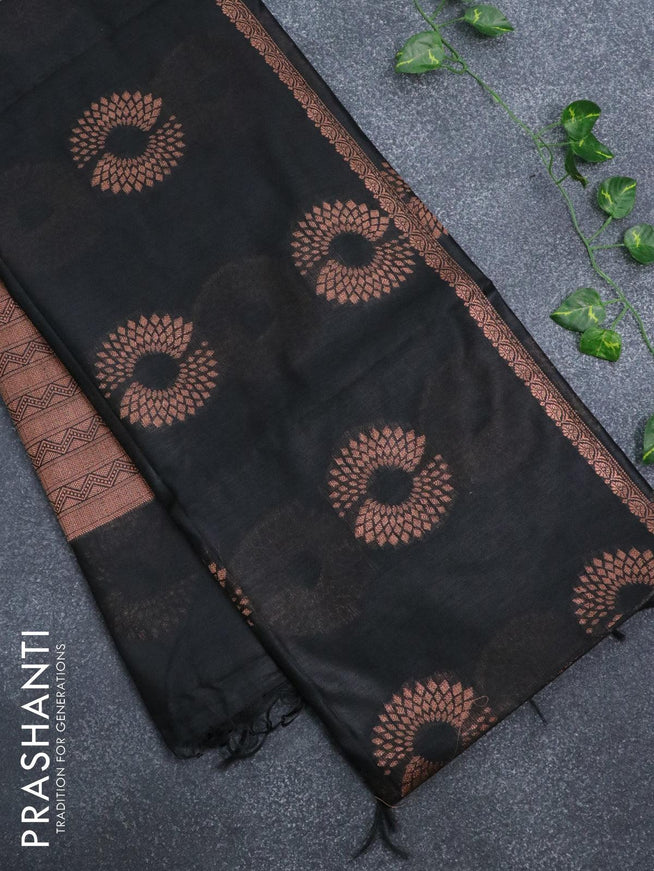 Banarasi cotton saree black with copper zari woven floral buttas and piping border - {{ collection.title }} by Prashanti Sarees