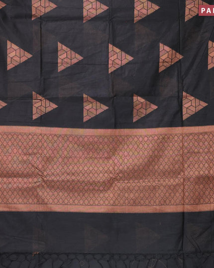 Banarasi cotton saree black with copper zari woven geometric buttas and piping border - {{ collection.title }} by Prashanti Sarees