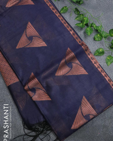 Banarasi cotton saree blue with copper zari woven buttas and piping border - {{ collection.title }} by Prashanti Sarees