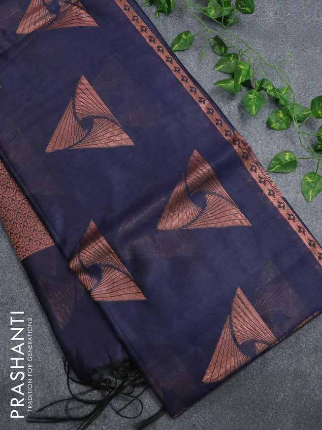 Banarasi cotton saree blue with copper zari woven buttas and piping border - {{ collection.title }} by Prashanti Sarees