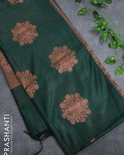Banarasi cotton saree bottle green with copper zari woven buttas and piping border - {{ collection.title }} by Prashanti Sarees