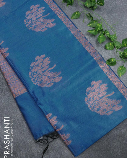 Banarasi cotton saree cs blue with copper zari woven buttas and piping border - {{ collection.title }} by Prashanti Sarees