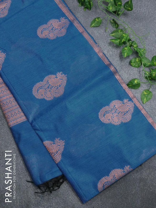 Banarasi cotton saree cs blue with copper zari woven buttas and piping border - {{ collection.title }} by Prashanti Sarees