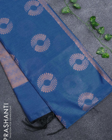 Banarasi cotton saree cs blue with copper zari woven floral buttas and piping border - {{ collection.title }} by Prashanti Sarees
