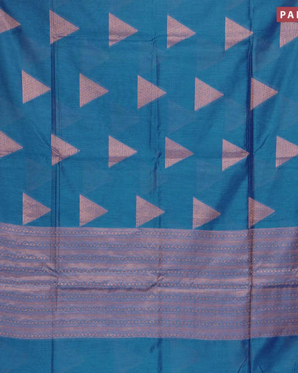 Banarasi cotton saree cs blue with copper zari woven geometric buttas and piping border - {{ collection.title }} by Prashanti Sarees