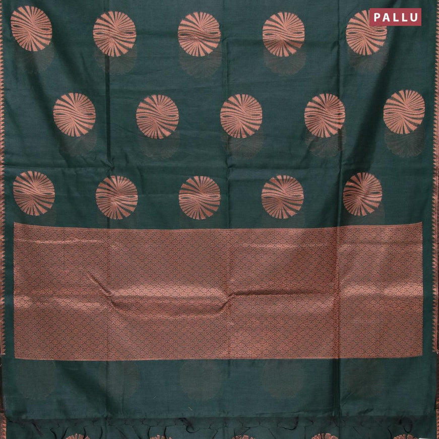Banarasi cotton saree dark green with copper zari woven buttas and piping border - {{ collection.title }} by Prashanti Sarees