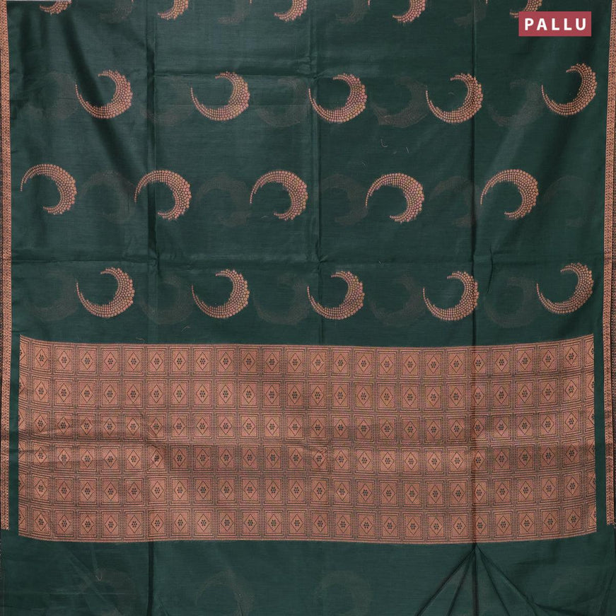 Banarasi cotton saree dark green with copper zari woven buttas and piping border - {{ collection.title }} by Prashanti Sarees