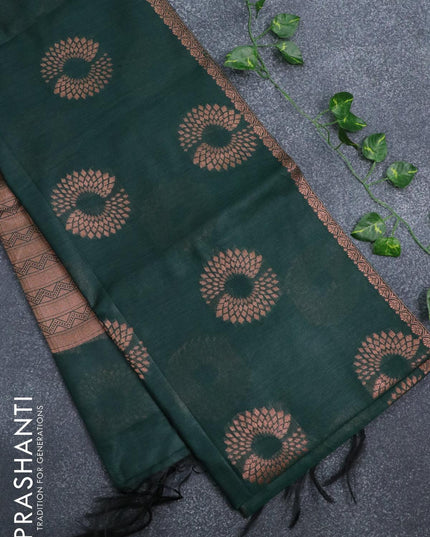 Banarasi cotton saree dark green with copper zari woven floral buttas and piping border - {{ collection.title }} by Prashanti Sarees