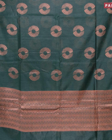 Banarasi cotton saree dark green with copper zari woven floral buttas and piping border - {{ collection.title }} by Prashanti Sarees