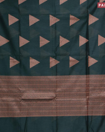 Banarasi cotton saree dark green with copper zari woven geometric buttas and piping border - {{ collection.title }} by Prashanti Sarees