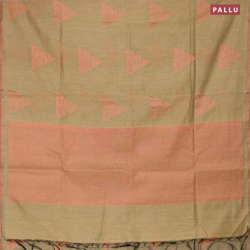 Banarasi cotton saree elaichi green with copper zari woven geometric buttas and piping border - {{ collection.title }} by Prashanti Sarees