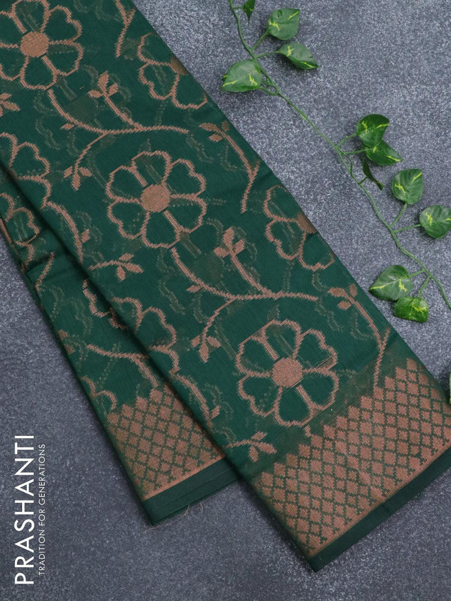 Banarasi cotton saree green with allover copper zari woven floral weaves and zari woven border - {{ collection.title }} by Prashanti Sarees