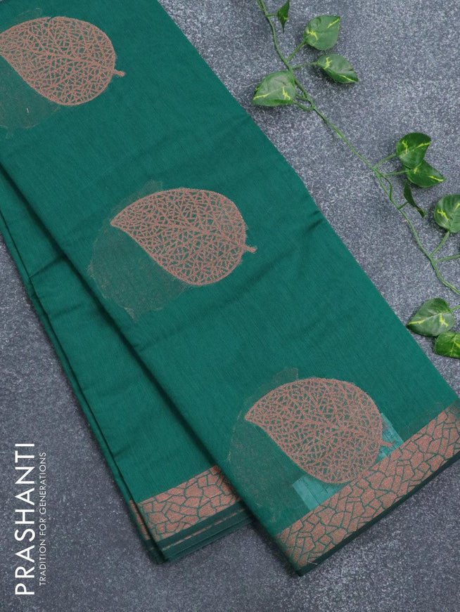 Banarasi cotton saree green with copper zari woven leaf buttas and copper zari woven border - {{ collection.title }} by Prashanti Sarees