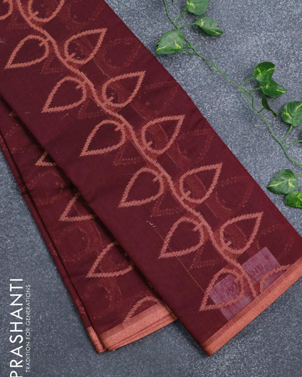 Banarasi cotton saree maroon with allover copper zari weaves and copper zari woven piping border - {{ collection.title }} by Prashanti Sarees