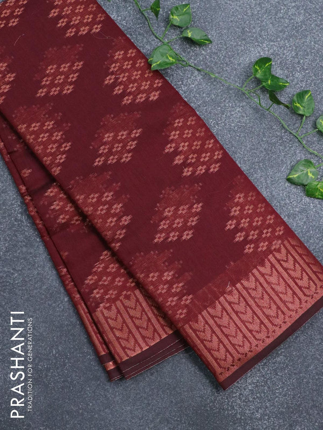 Banarasi cotton saree maroon with copper zari woven buttas and copper zari woven border - {{ collection.title }} by Prashanti Sarees