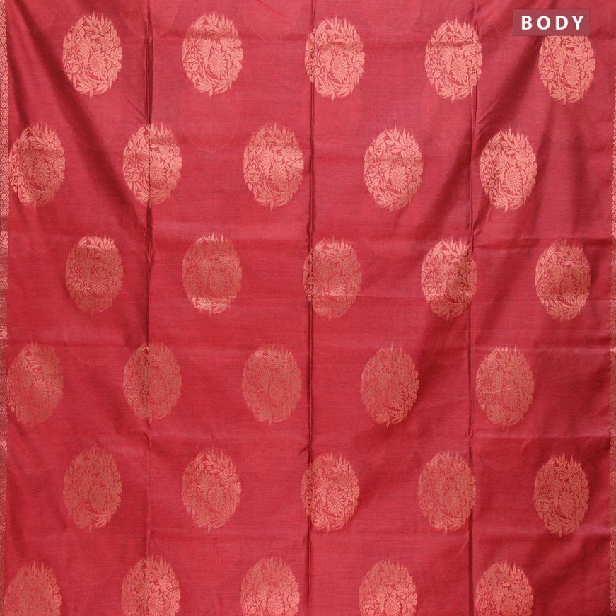 Banarasi cotton saree maroon with copper zari woven floral buttas and piping border - {{ collection.title }} by Prashanti Sarees
