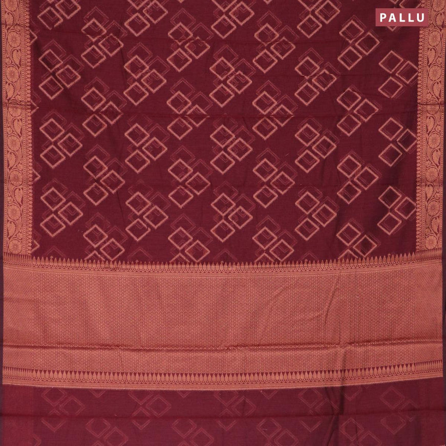 Banarasi cotton saree maroon with copper zari woven geometric weaves and copper zari woven floral border - {{ collection.title }} by Prashanti Sarees