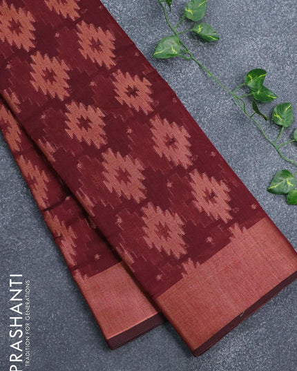 Banarasi cotton saree maroon with copper zari woven ikat weaves and copper zari woven border - {{ collection.title }} by Prashanti Sarees