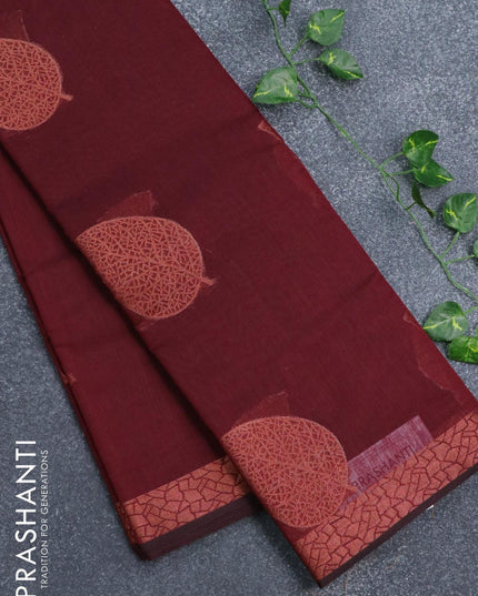 Banarasi cotton saree maroon with copper zari woven leaf buttas and copper zari woven border - {{ collection.title }} by Prashanti Sarees