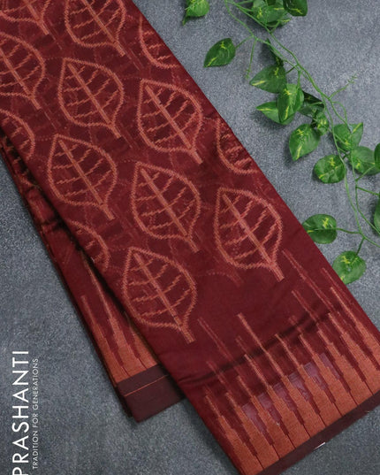 Banarasi cotton saree maroon with copper zari woven leaf buttas and temple zari woven border - {{ collection.title }} by Prashanti Sarees